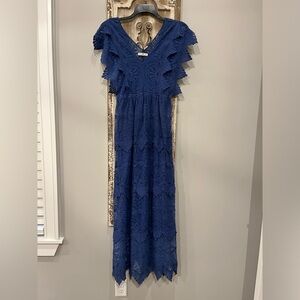 EUC NIGHTCAP CLOTHING Indigo Mayan Lace Sheer Maxi Gown/Dress (Medium)